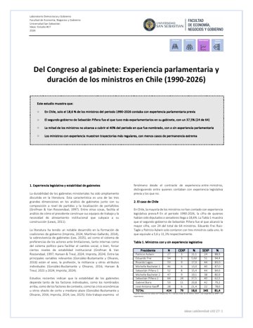 Del Congreso al gabinete: Experiencia parlamentaria y duración de los ministros en Chile (1990-2026)