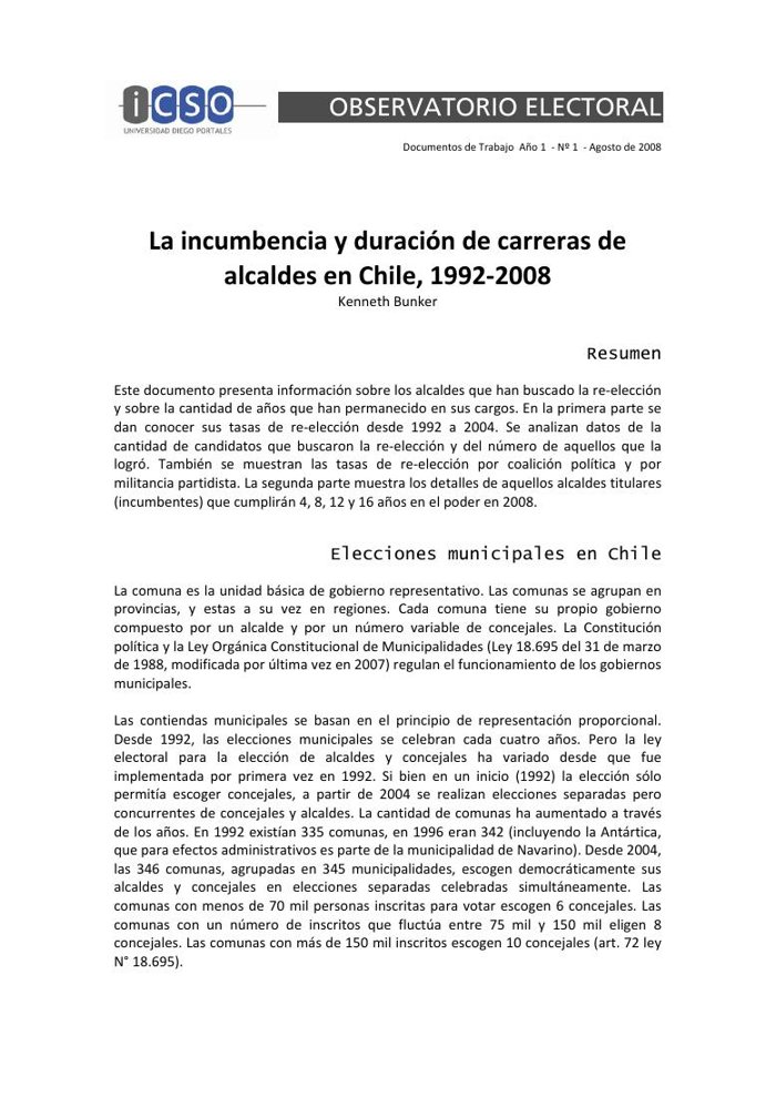La incumbencia y duración de carreras de alcaldes en Chile, 1992-2008