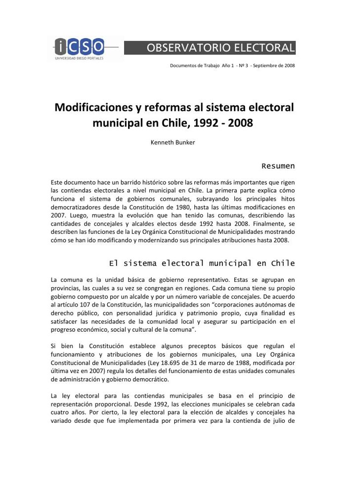Modificaciones y reformas al sistema electoral municipal en Chile, 1992-2008
